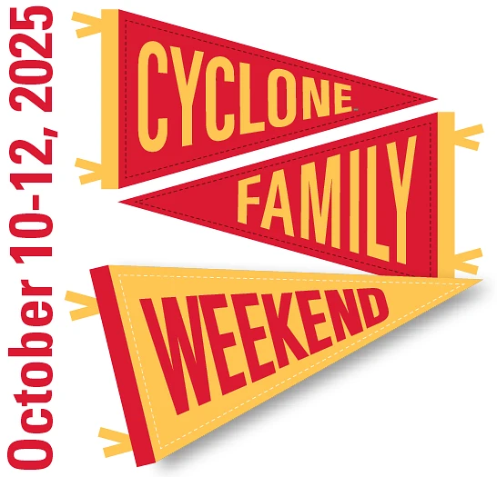 The image features three pennants in red and yellow announcing "Cyclone Family Weekend" scheduled for October 10-12, 2025.
